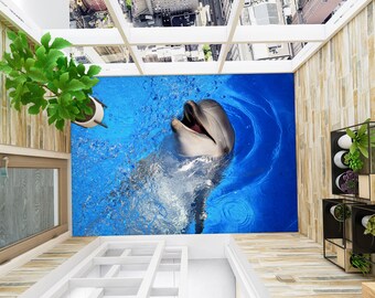 3D Blue Dolphin 3068 Floor Wallpaper Murals Self-Adhesive Removable Kitchen Bath Floor Waterproof floor Rug Mat Print Epoxy 2024