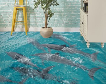 3D Sea Dolphin 6057 Floor Wallpaper Murals Self-Adhesive Removable Kitchen Bath Floor Waterproof floor Rug Mat Print Epoxy 2024
