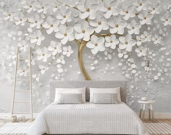 Белый цветок 2904 Обои Mural Self Клей Пил и стены стикер стены Украшения Дизайн съемный