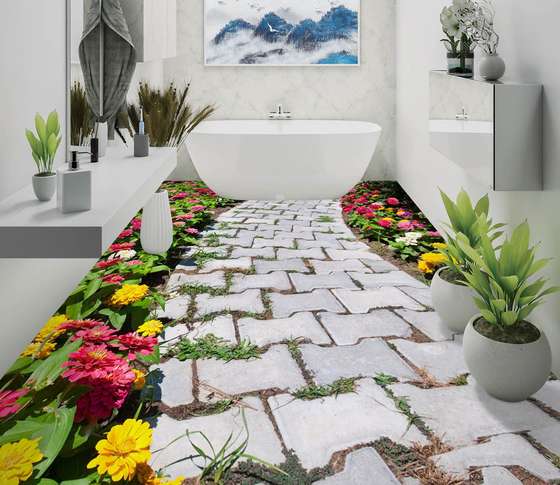 Tapete de baño de ciudad italiana, diseño vintage de piedra callejera en  Italia, diseño floral, verde, porche, paisaje, alfombra de baño – Yaxa  Colombia