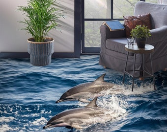 3D Sea Dolphin 3578 Floor Wallpaper Murals Self-Adhesive Removable Kitchen Bath Floor Waterproof floor Rug Mat Print Epoxy 2024