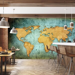 Golden World Map 079 Wallpaper Mural Self Adhesive Peel and Stick Wall Sticker Wall Decoration Design Removable