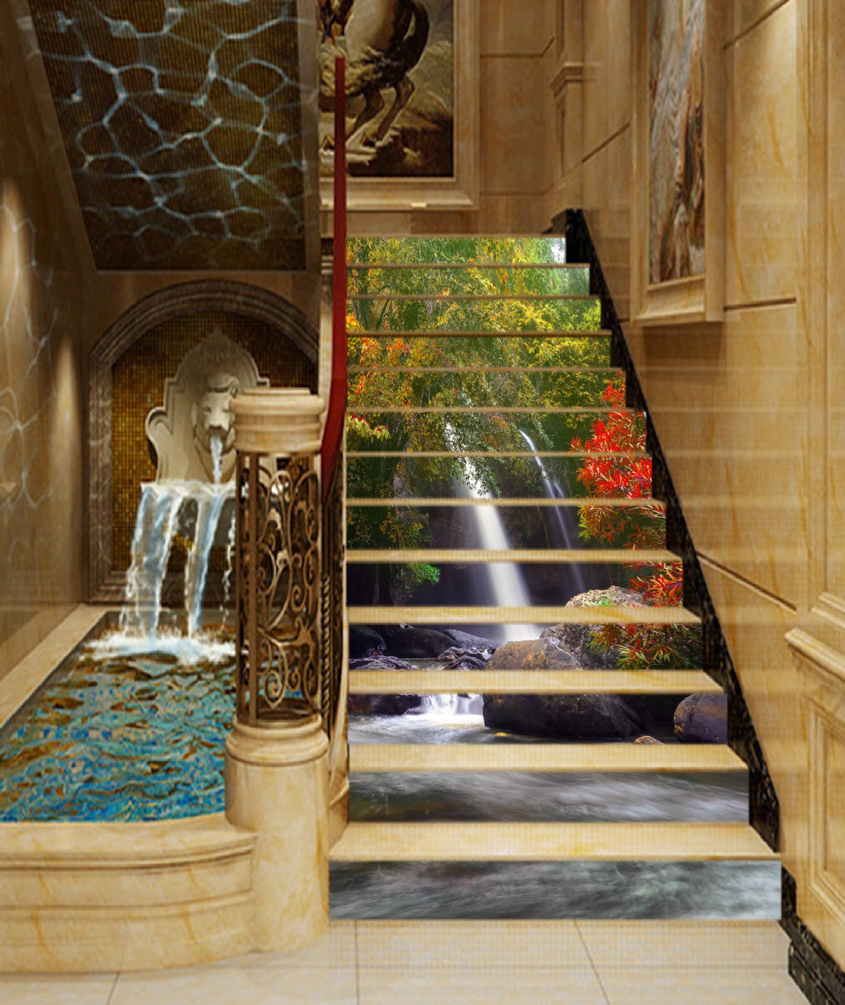 3D Waterfall Trees S1375 Pattern Tile Marble Stair Risers Decoration Photo Self-adhesive Mural Vinyl Decal Wallpaper Murals Wallpaper Mural