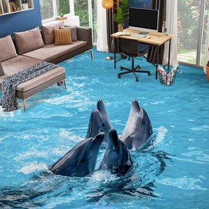 3D Sea Dolphin 6018 Floor Wallpaper Murals Self-Adhesive Removable Kitchen Bath Floor Waterproof floor Rug Mat Print Epoxy 2024