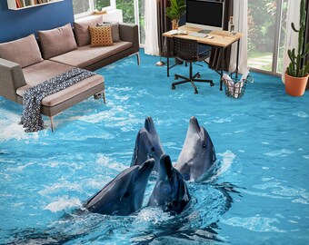 3D Sea Dolphin 6018 Floor Wallpaper Murals Self-Adhesive Removable Kitchen Bath Floor Waterproof floor Rug Mat Print Epoxy 2024