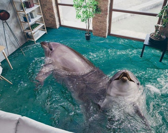 3D Dolphin 3565 Floor Wallpaper Murals Self-Adhesive Removable Kitchen Bath Floor Waterproof floor Rug Mat Print Epoxy 2024