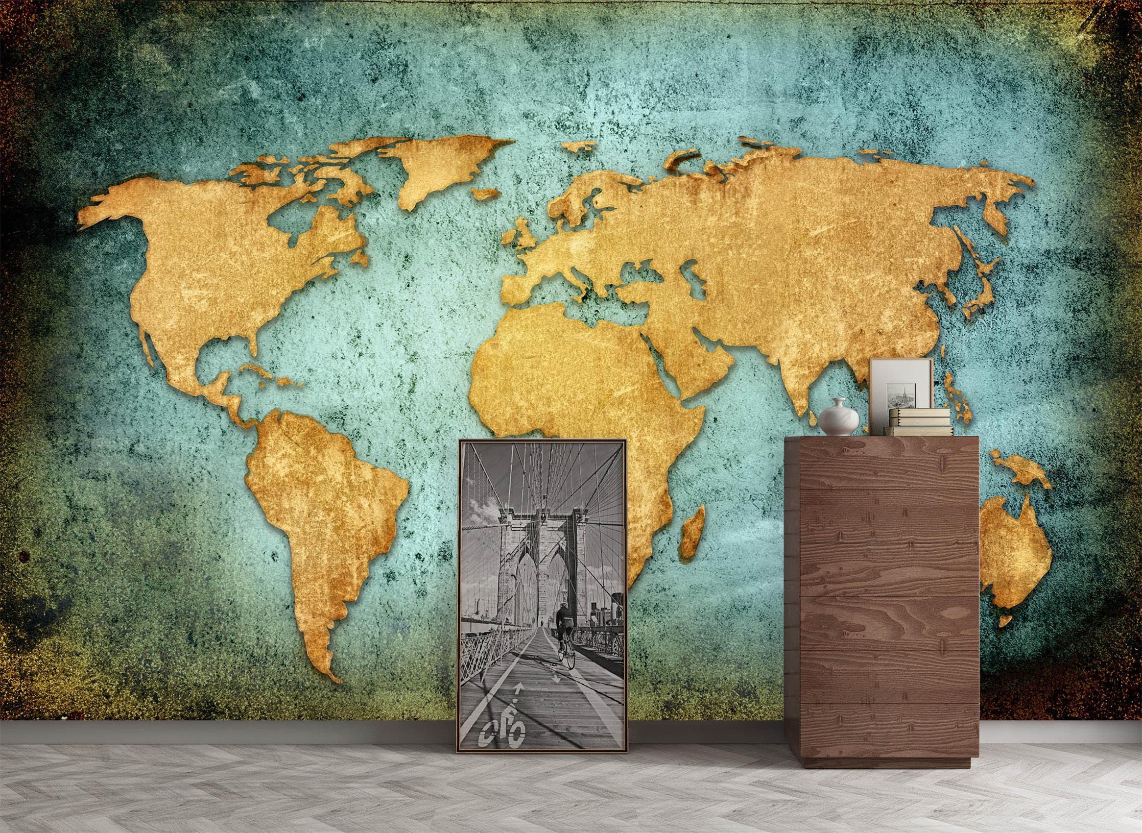 Golden World Map 079 Wallpaper Mural Self Adhesive Peel and Stick Wall ...