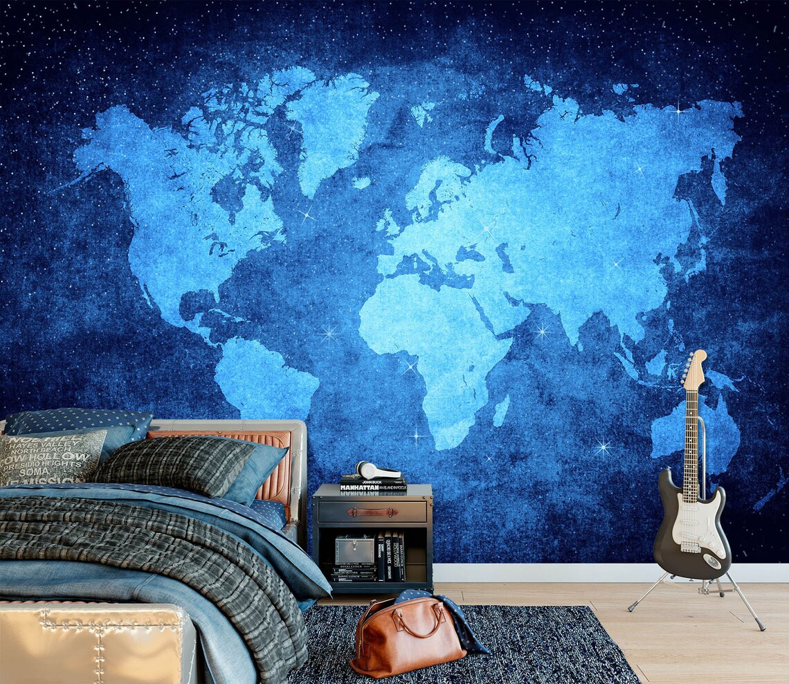 Blue World Map 089 Wallpaper Mural Self Adhesive Peel and Etsy