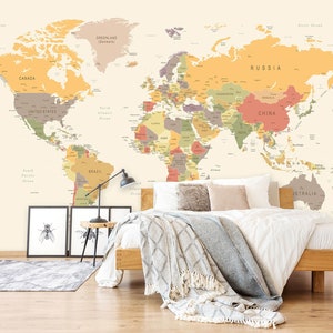 Amarillo mapa del mundo 027 papel pintado mural autoadhesivo peel y stick pared pegatina pared decoración diseño extraíble