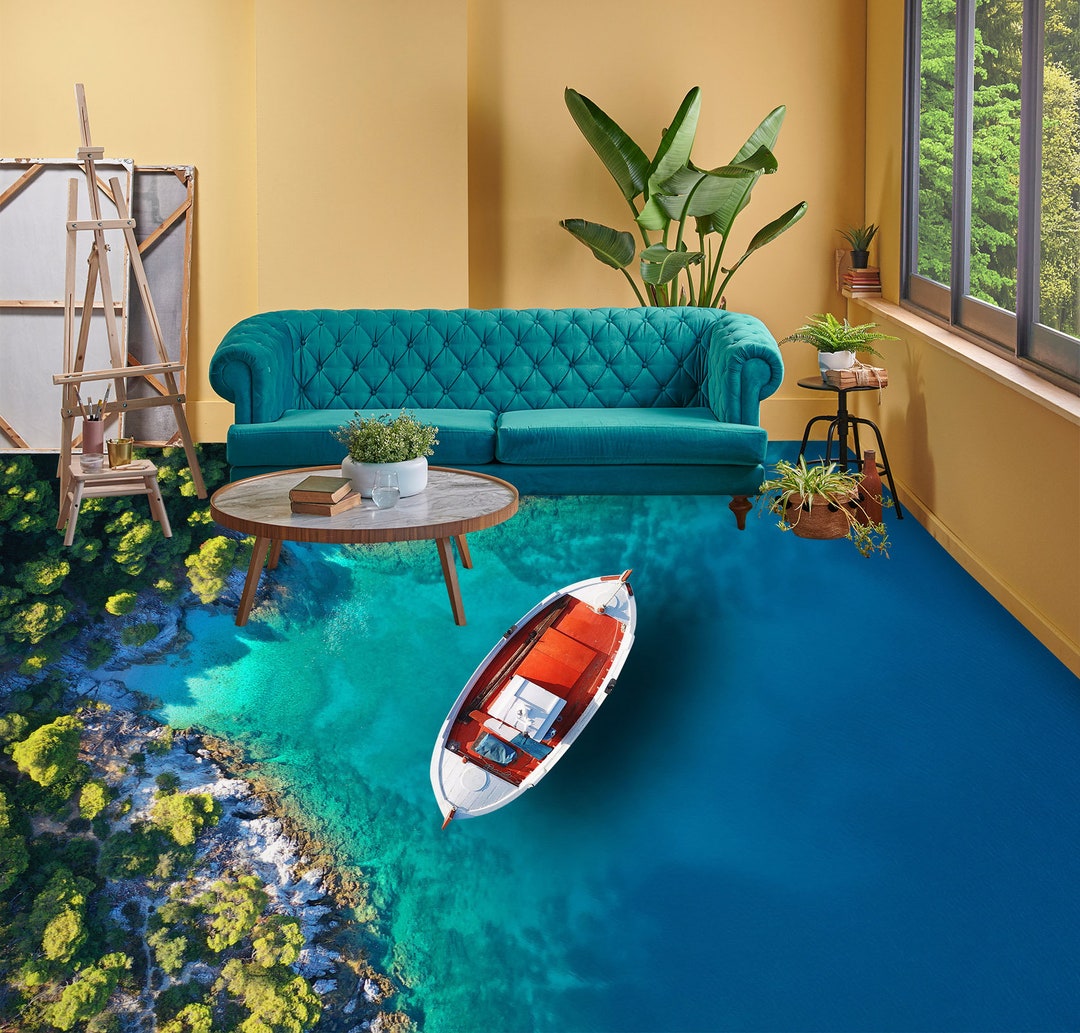 3D Blue Lake Boat 1677 Floor Wallpaper Murals Self-adhesive Removable ...