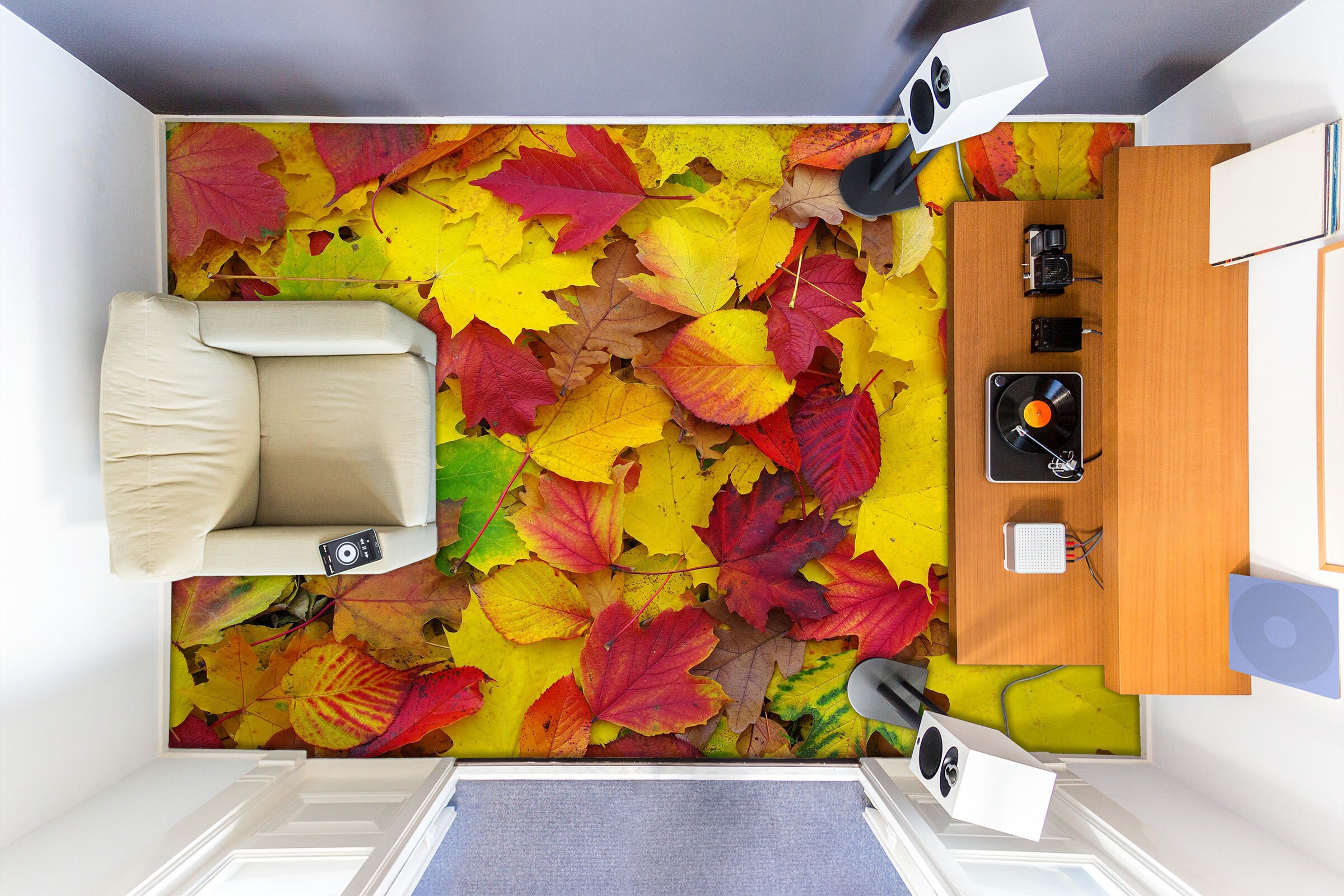 3D Fallen Leaves 5425 Floor Wallpaper Murals Self-Adhesive Removable Kitchen Bath Floor Waterproof floor Rug Mat Print Epoxy 2024