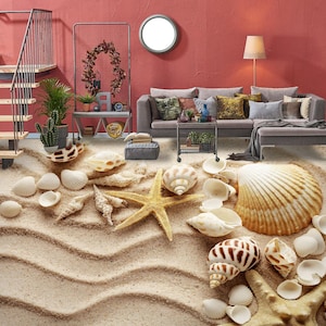 3D Sand Shell 3463 Floor Wallpaper Murals Self-Adhesive Removable Kitchen Bath Floor Waterproof floor Rug Mat Print Epoxy 2024