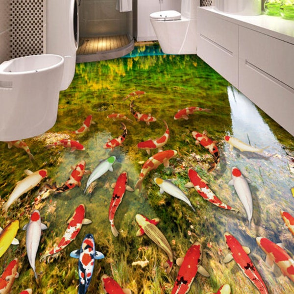 3D Goldfish River 0456 Floor Wallpaper Murals Self-Adhesive Removable Kitchen Bath Floor Waterproof floor Rug Mat Print Epoxy YOYO