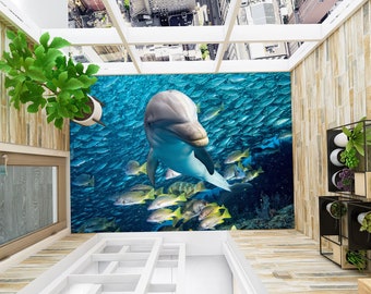 3D Dolphin Fish 3060 Floor Wallpaper Murals Self-Adhesive Removable Kitchen Bath Floor Waterproof floor Rug Mat Print Epoxy 2024