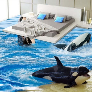 3D Killer Whale 1814 Floor Wallpaper Murals Self-Adhesive Removable Kitchen Bath Floor Waterproof floor Rug Mat Print Epoxy YOYO