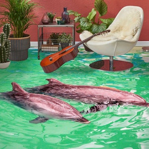 3D Due delfini aggraziati 8821 Pavimento Carta da parati Murales Autoadesivo Rimovibile Cucina Bagno Pavimento Impermeabile Tappeto Tappeto Stampa Epoxy YOYO