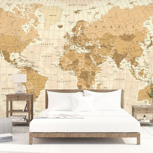 Light Brown World Map 6188 Wallpaper Mural Autoadhesivo Peel y Stick Wall Sticker Decoración pared Diseño extraíble Romy