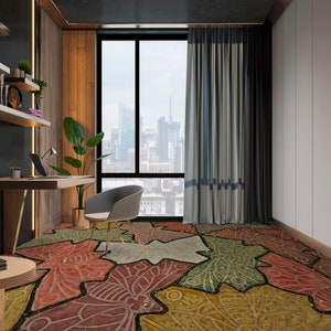 May include: A modern home office with a wooden desk, a chair, and a bookshelf. The room has a large window with a view of a city skyline. The floor is covered in a colorful patterned rug.