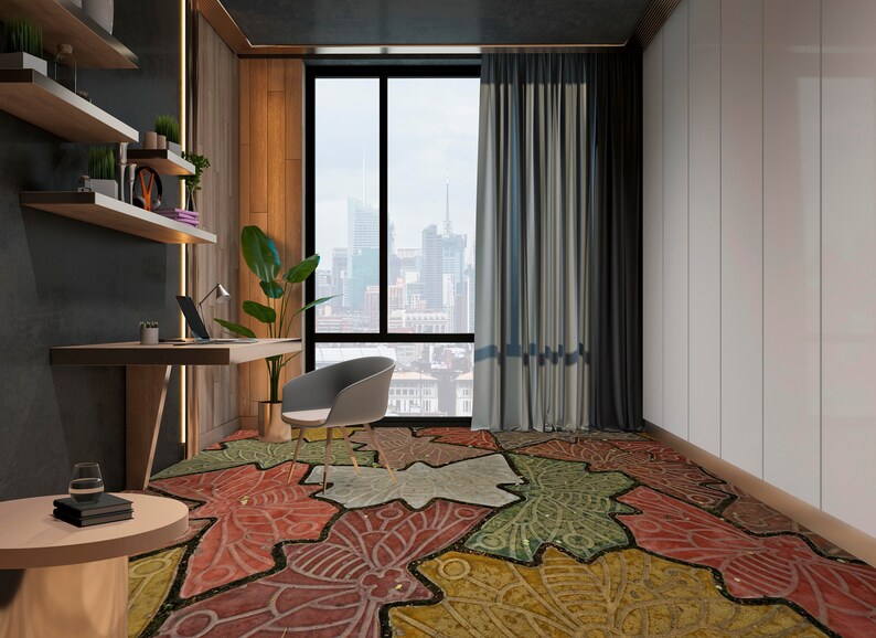 May include: A modern home office with a wooden desk, a chair, and a bookshelf. The room has a large window with a view of a city skyline. The floor is covered in a colorful patterned rug.