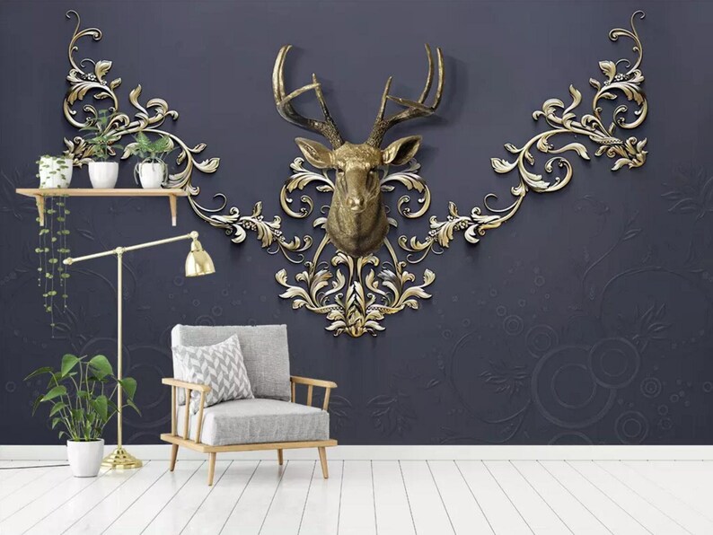 Golden Deer Head 2534 Wallpaper Mural Self Adhesive Peel and - Etsy