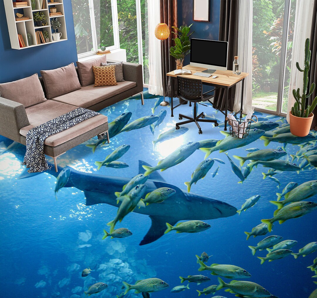 3D Moving Fish Floor Mural  Non-slip, Waterproof  & Removable Rug Mat & Floor Murals