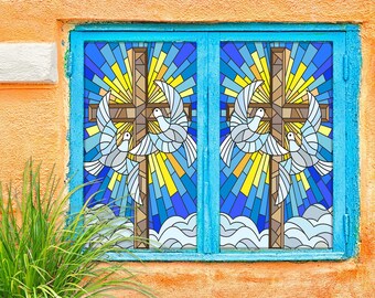 Details about   3D Praying Cross A377 Window Film Print Sticker Cling Stained Glass UV Amy 