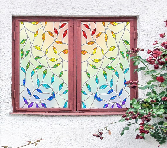 3D Bunte Blatt Kunst W2218 Fensterfolie Print Aufkleber Cling Buntglas Weihnachten Fenster Dekor UV Hitze Control Glas Sichtschutz Fensterfolie Romy