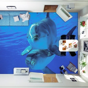 Carta da parati per pavimenti, delfino blu 3D 5885, murales, autoadesivi rimovibili, cucina, bagno, pavimento, tappetino impermeabile, stampa epossidica 2024