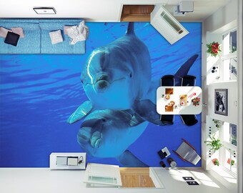 3D Blue Dolphin 5885 Floor Wallpaper Murals Self-Adhesive Removable Kitchen Bath Floor Waterproof floor Rug Mat Print Epoxy 2024