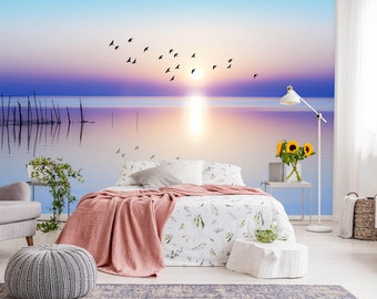 Закат озера птица 033 Обои Mural Self Клей Пил и Stick Стены наклейки стены Украшения Дизайн съемный