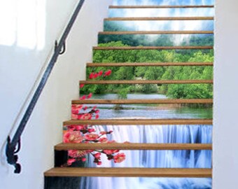 Papier Peint Vinyle Mural 3D - Motif Floral Classique Pour Contremarches D'escalier - 11 Carreaux, Neuf