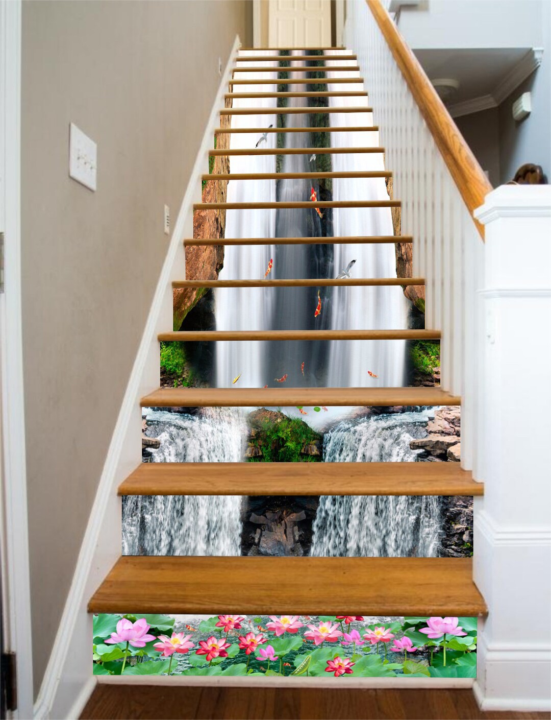 3D Waterfall Lotus S1139 Pattern Tile Marble Stair Risers Decoration ...
