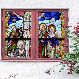 3D Cross Priest W2637 Window Film Print Sticker Cling Stained Glass Xmas Window Decor UV Heat Control Glass Privacy Window Film Rose