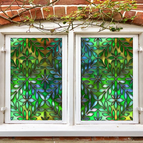 3D Colored Leaves 425 Window Film Print Sticker Cling Stained Glass UV Block