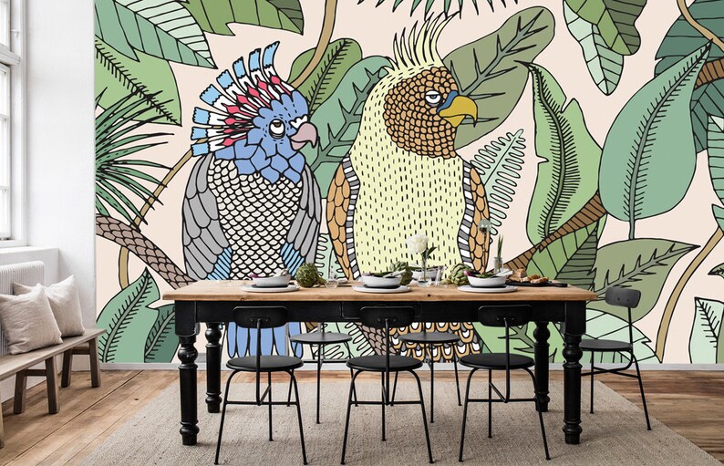 Parrot Leaves WG966 Wallpaper Mural Self Adhesive Peel and Stick Wall Sticker Wall Decoration Design Removable