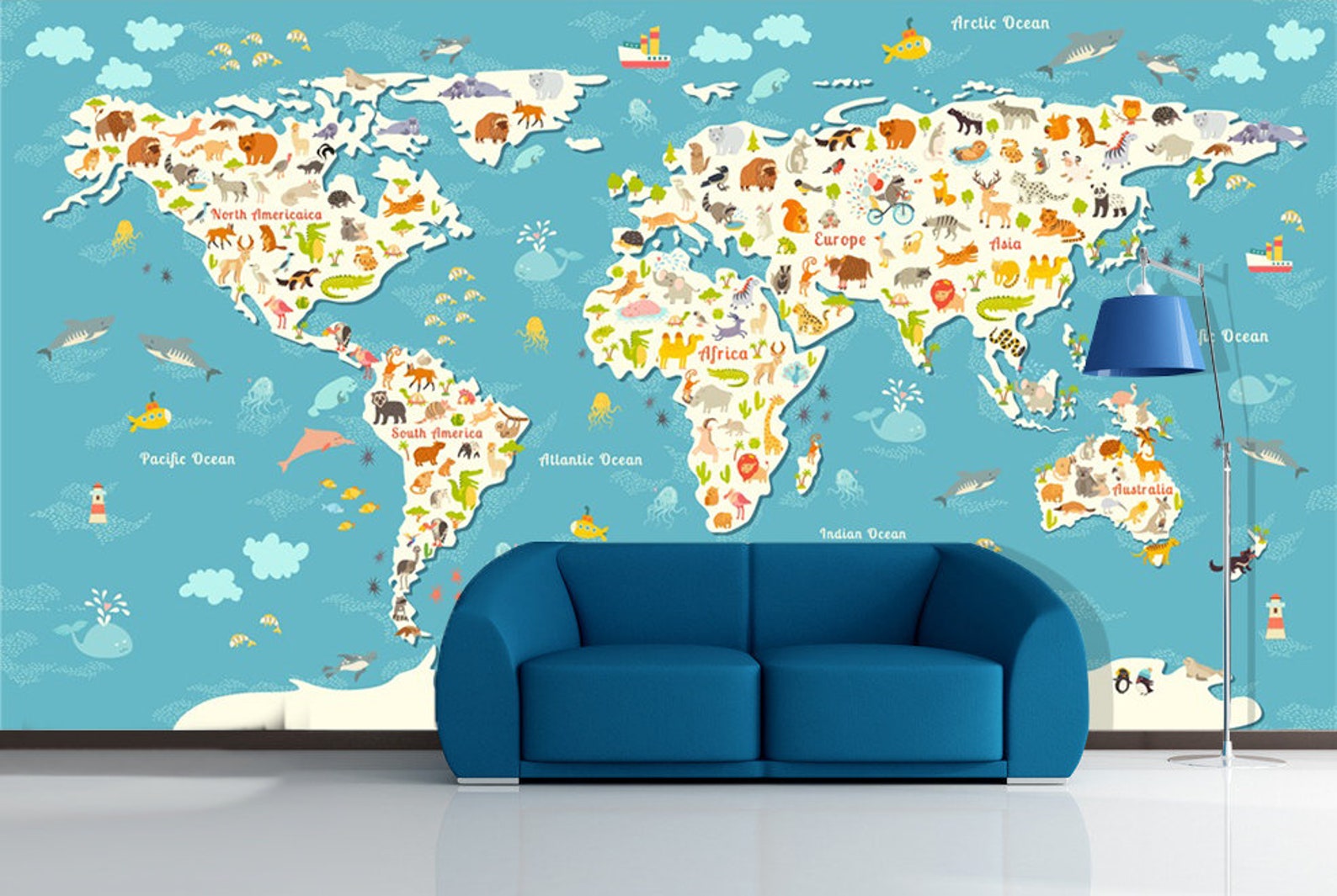 Animal World Map 2039 Wallpaper Mural Self Adhesive Peel and | Etsy