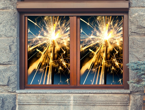 3D Fireworks W132 Christmas Window Film Print Sticker Cling Stained Glass Xmas Window Decor UV Heat Control Glass Privacy Window Film Romy