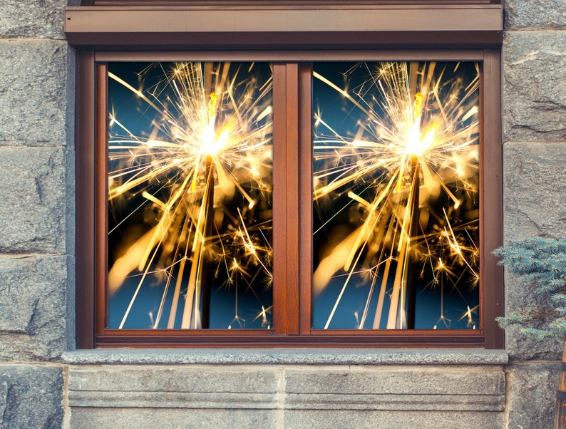 3D Fireworks W132 Christmas Window Film Print Sticker Cling Stained Glass Xmas Window Decor UV Heat Control Glass Privacy Window Film Romy
