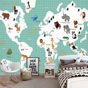 Jirafa León Mapa Mundial 074 Wallpaper Mural Auto Adhesivo Peel y Stick pared pegatina decoración diseño extraíble