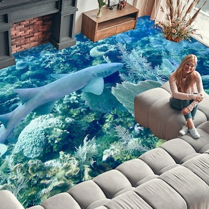 3D Animal Ocean Shark 3358 Floor Wallpaper Murals Self-Adhesive Removable Kitchen Bath Floor Waterproof floor Rug Mat Print Epoxy 2023