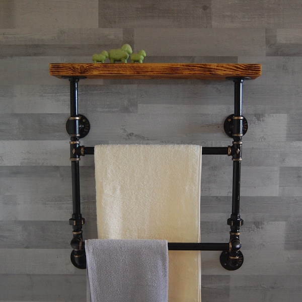 Industrial Pipe  Double Towel Rail With Wood Shelf