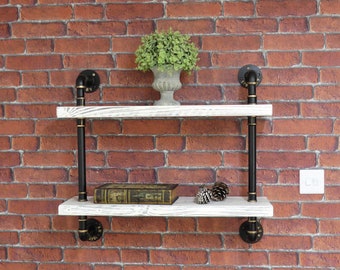 Industrial 2-Tier Shelving Unit, Reclaimed wood and iron pipe.