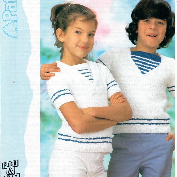 Patons 7432 - Vintage 1980's Children's Short Sleeve Sailor Tops - PDF Download