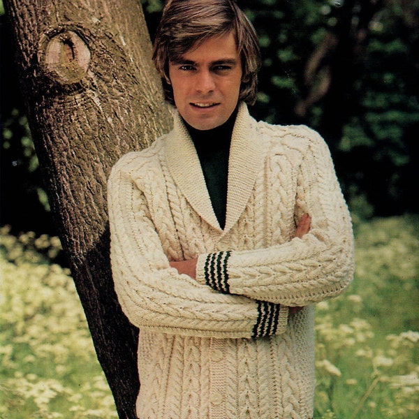 Hayfield 1270 - Vintage 1970's Men's Aran Cabled Shawl Collar Long Sleeve Cardigan - PDF Download