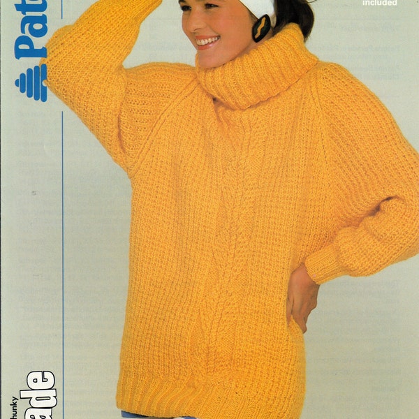 Patons #8579 Ladies Textured Raglan Sweater with Turtleneck - PDF Download