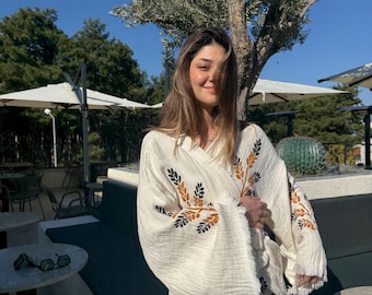 Kimono de musselina estampado à mão – Roupa de descanso étnica boho em algodão