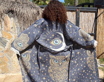 Kimono de muselina de algodón orgánico con estampado de búho, estilo bohemio, ideal para la playa o como bata ligera de spa.