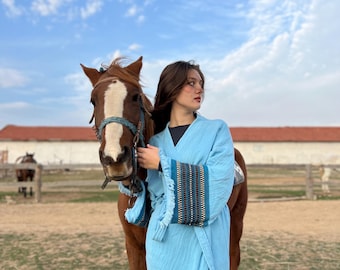 Bata kimono de muselina estampada a mano, ropa de estar por casa de algodón y gasa estilo bohemio.