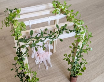 Miniature wooden dollhouse swing, dollhouse pergola, Outdoor dollhouse furniture with miniature plants and greenery. Wooden swing for 1:12