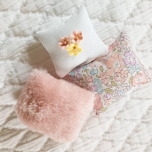 Dollhouse cushion in pink and florals.Set of miniature pillow/dollhouse bedding in 1:12 scale for Maileg mice and Chelsea Barbie